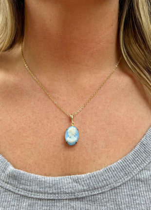 Rare Blue Vintage Pendant Necklace | Dainty Gold Necklace | Light Blue Woman Cameo Pendant