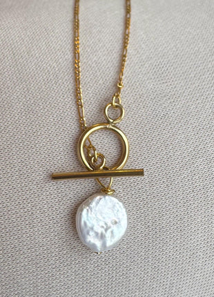 18k Gold Filled Pearl Necklace | Freshwater Pearl Toggle Necklace | Coin Pearl Necklace