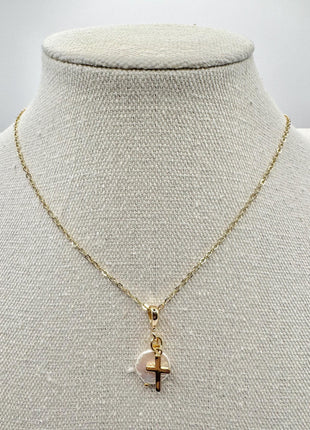 Gold Cross and Pearl Necklace | Dainty Pendant Necklace | Coin Pearl and Cross