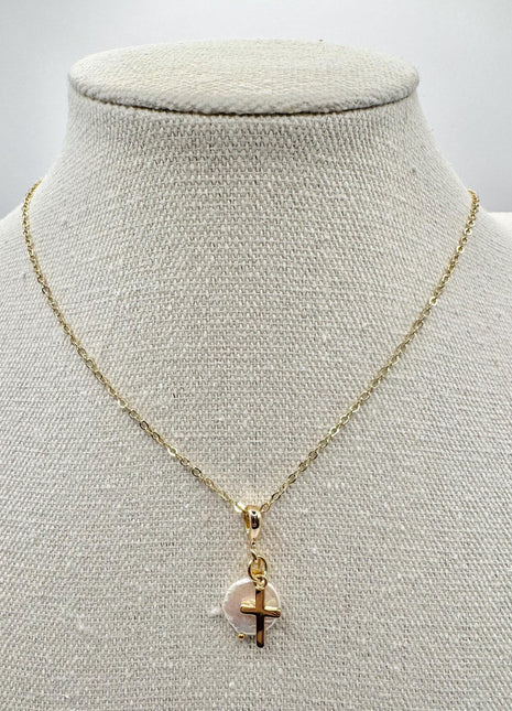 Gold Cross and Pearl Necklace | Dainty Pendant Necklace | Coin Pearl and Cross