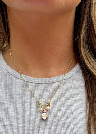 Gold Charm Necklace | Pink and Gold Necklace | Freshwater Pearl Necklace