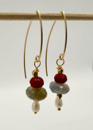 Gold Fish Hook Earrings | Labadorite and Pearl Earrings