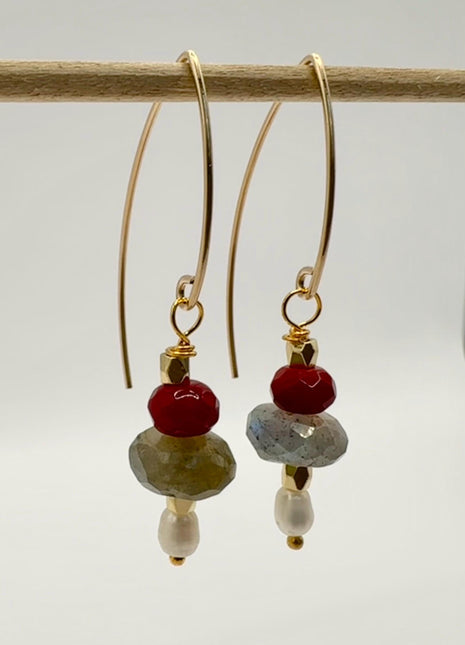 Gold Fish Hook Earrings | Labadorite and Pearl Earrings