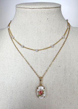 Pink Rose Vintage Pendant Necklace | Dainty Gold Necklace