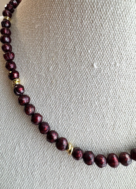 Chunky Beaded Burgundy and Gold Necklace | Burgundy Freshwater Pearl and Gold | Pearl Necklace