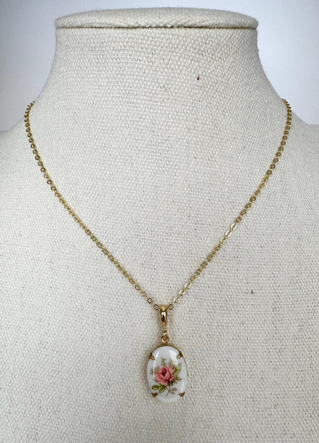 Pink Rose Vintage Pendant Necklace | Dainty Gold Necklace