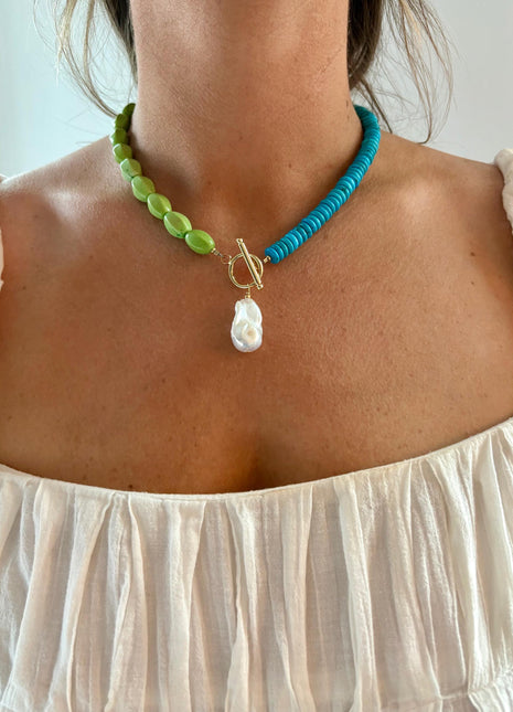 Turquoise Beaded Necklace with Baroque Pearl Pendant | Pearl Toggle Necklace | Turquoise Necklace