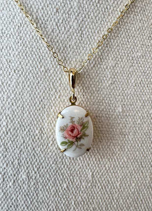 Pink Rose Vintage Pendant Necklace | Dainty Gold Necklace