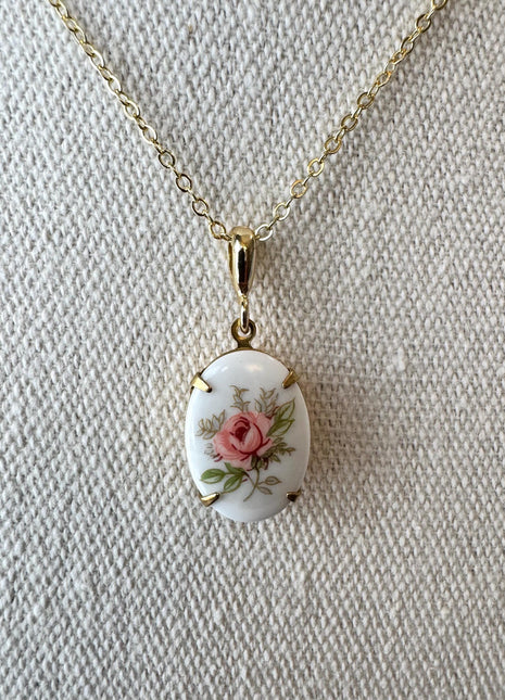 Pink Rose Vintage Pendant Necklace | Dainty Gold Necklace