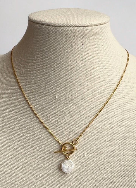 18k Gold Filled Pearl Necklace | Freshwater Pearl Toggle Necklace | Coin Pearl Necklace