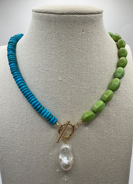 Turquoise Beaded Necklace with Baroque Pearl Pendant | Pearl Toggle Necklace | Turquoise Necklace