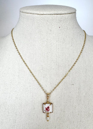 Pink Rose Vintage Pendant Necklace | Dainty Gold Necklace | Square Pendant with Freshwater Pearl