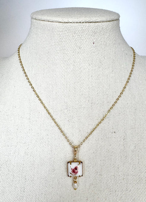 Pink Rose Vintage Pendant Necklace | Dainty Gold Necklace | Square Pendant with Freshwater Pearl