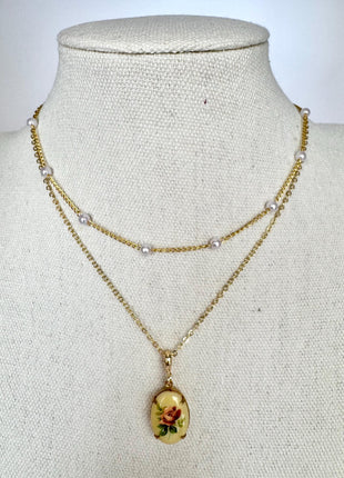 Pink Rose Vintage Pendant Necklace | Dainty Gold Necklace | Off White Rose Pendant