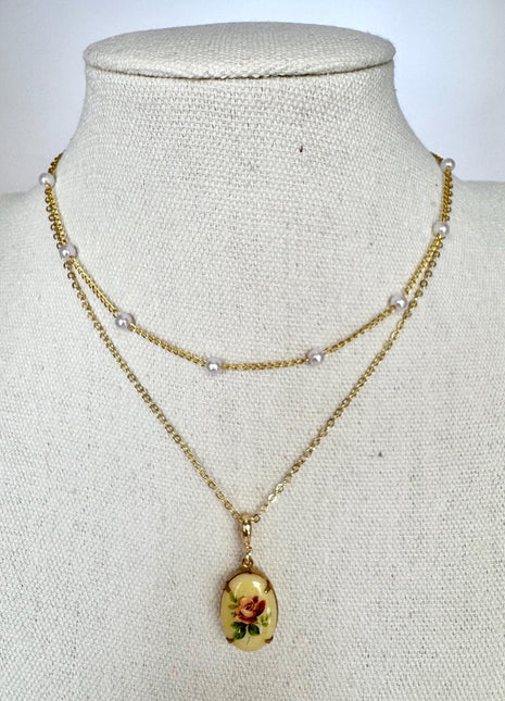 Pink Rose Vintage Pendant Necklace | Dainty Gold Necklace | Off White Rose Pendant