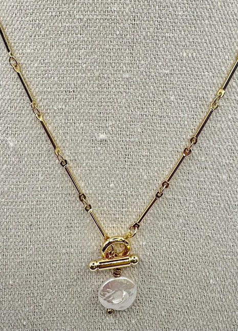 Gold Pearl Necklace, Freshwater Pearl Toggle Necklace, Coin Pearl Necklace