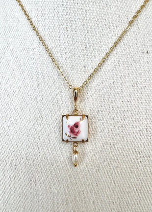Pink Rose Vintage Pendant Necklace | Dainty Gold Necklace | Square Pendant with Freshwater Pearl