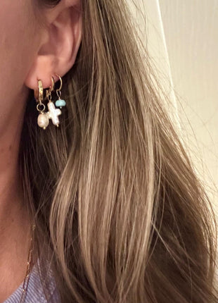 Gold and Pearl Earrings | Gold Huggies | Freshwater Pearl Cross Hoop | 18k Gold Pearl Dangle Earring