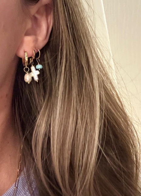 Gold and Pearl Earrings | Gold Huggies | Freshwater Pearl Cross Hoop | 18k Gold Pearl Dangle Earring
