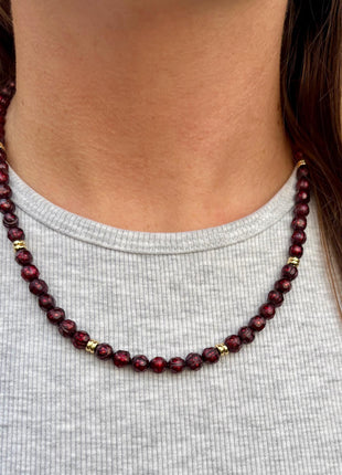 Chunky Beaded Burgundy and Gold Necklace | Burgundy Freshwater Pearl and Gold | Pearl Necklace