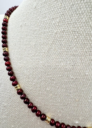Beaded Red and Gold Necklace | Red Freshwater Pearl and Gold | Pearl Necklace