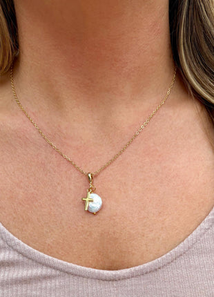 Gold Cross and Pearl Necklace | Dainty Pendant Necklace | Coin Pearl and Cross