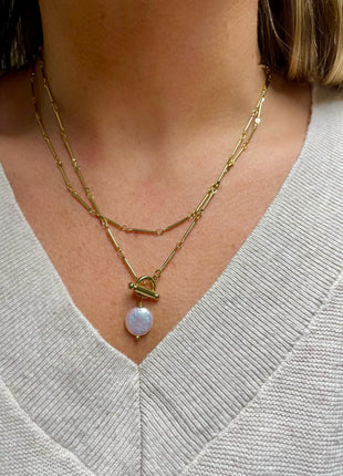 Gold Pearl Necklace, Freshwater Pearl Toggle Necklace, Coin Pearl Necklace