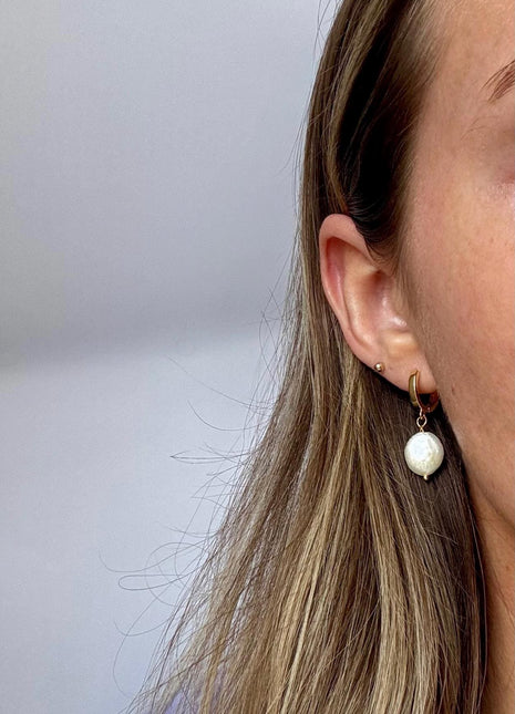 Gold and Pearl Earrings | Gold Huggies | Chunky Coin Pearl Earrings