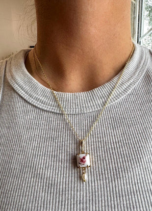 Pink Rose Vintage Pendant Necklace | Dainty Gold Necklace | Square Pendant with Freshwater Pearl
