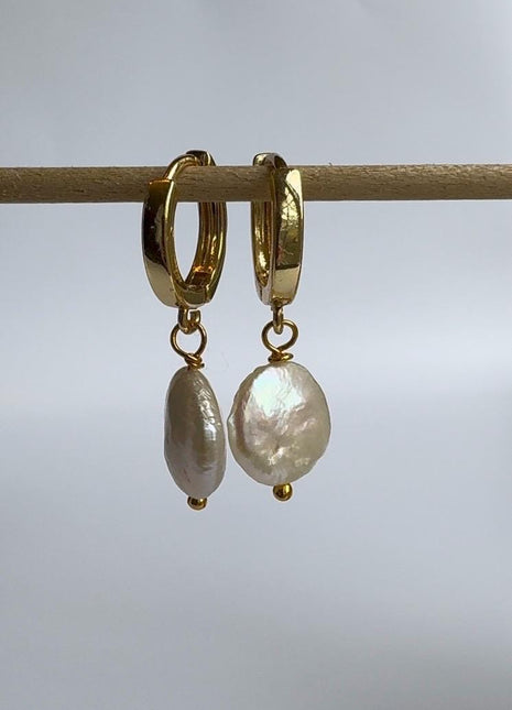 Gold and Pearl Earrings | Gold Huggies | Chunky Coin Pearl Earrings