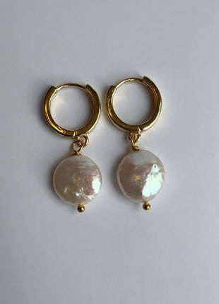 Gold and Pearl Earrings | Gold Huggies | Chunky Coin Pearl Earrings