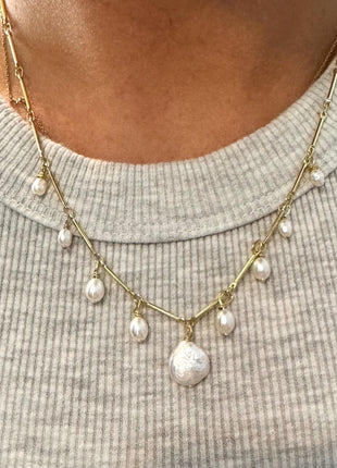 Coin Pearl Necklace | Freshwater Pearl Pendant Necklace | Gold Link Chain Necklace