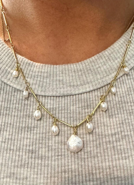 Coin Pearl Necklace | Freshwater Pearl Pendant Necklace | Gold Link Chain Necklace