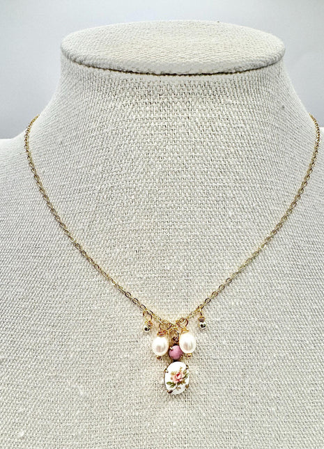 Gold Charm Necklace | Pink and Gold Necklace | Freshwater Pearl Necklace