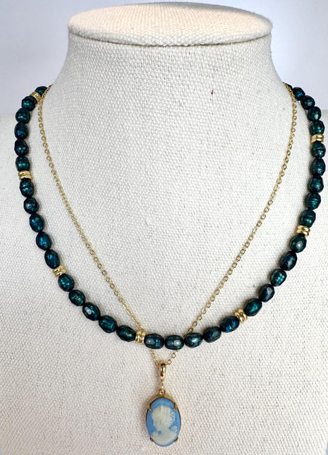 Rare Blue Vintage Pendant Necklace | Dainty Gold Necklace | Light Blue Woman Cameo Pendant