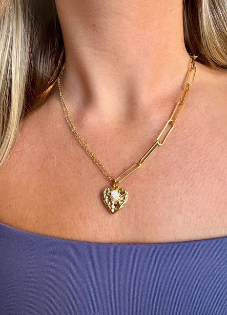Gold Heart Pendant Necklace | Gold Paperclip Chain | Freshwater Pearl Necklace | Mixed Chain Necklace