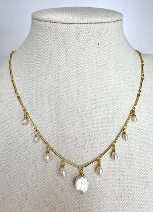 Coin Pearl Necklace | Freshwater Pearl Pendant Necklace | Gold Link Chain Necklace