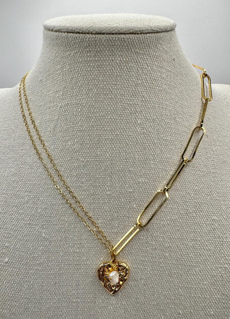 Gold Heart Pendant Necklace | Gold Paperclip Chain | Freshwater Pearl Necklace | Mixed Chain Necklace