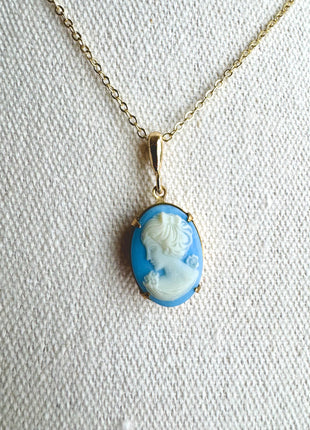 Rare Blue Vintage Pendant Necklace | Dainty Gold Necklace | Light Blue Woman Cameo Pendant