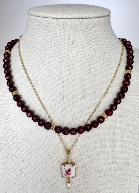 Pink Rose Vintage Pendant Necklace | Dainty Gold Necklace | Square Pendant with Freshwater Pearl