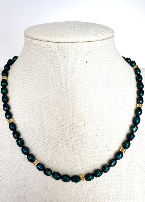 Beaded Teal and Gold Necklace | Teal Freshwater Pearl and Gold | Pearl Necklace
