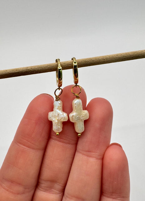 Gold and Pearl Earrings | Gold Huggies | Freshwater Pearl Cross Hoop | 18k Gold Pearl Dangle Earring