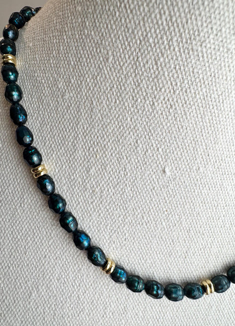 Beaded Teal and Gold Necklace | Teal Freshwater Pearl and Gold | Pearl Necklace