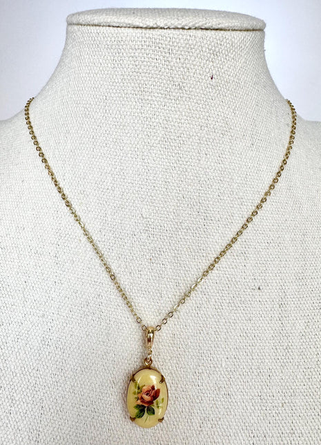 Pink Rose Vintage Pendant Necklace | Dainty Gold Necklace | Off White Rose Pendant
