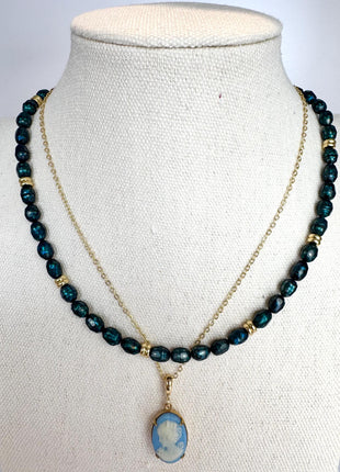 Beaded Teal and Gold Necklace | Teal Freshwater Pearl and Gold | Pearl Necklace