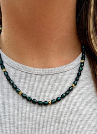 Beaded Teal and Gold Necklace | Teal Freshwater Pearl and Gold | Pearl Necklace