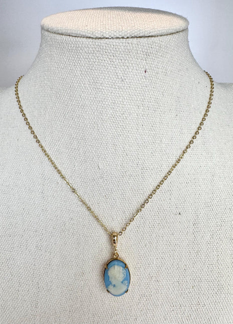 Rare Blue Vintage Pendant Necklace | Dainty Gold Necklace | Light Blue Woman Cameo Pendant