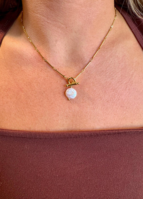 Gold Pearl Necklace, Freshwater Pearl Toggle Necklace, Coin Pearl Necklace