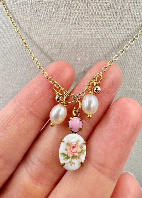 Gold Charm Necklace | Pink and Gold Necklace | Freshwater Pearl Necklace